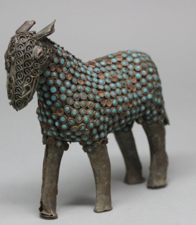 Nepal Antique Filigree Horse Figure Inlaid Turquoise: AM63, Dimensions: 4" H x 5" L