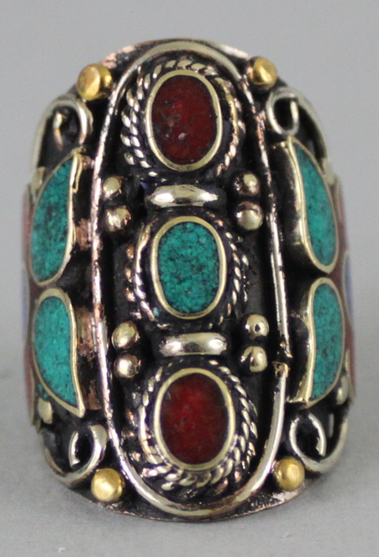Tibetan Nepal Handcrafted Turquoise Silver Ring: Size 9, RG9