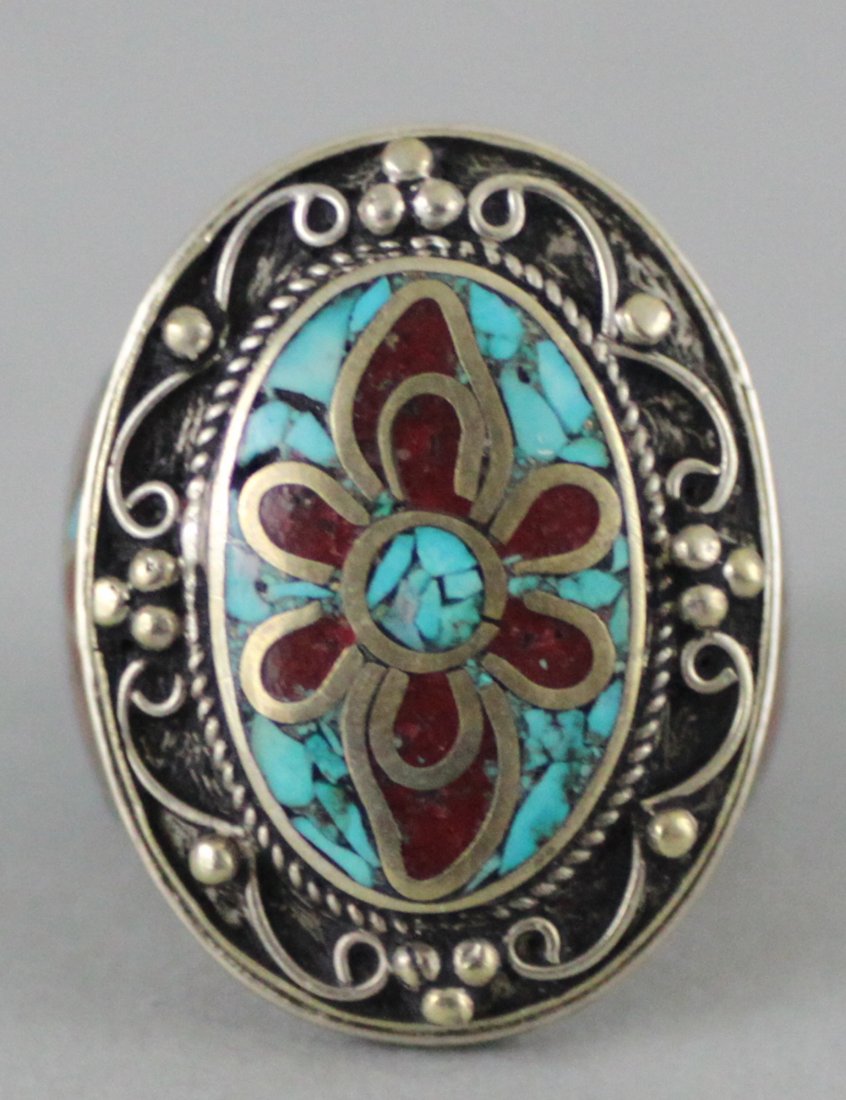 Tibetan Nepal Handcrafted Turquoise Silver Ring: Size 10.25, RG12