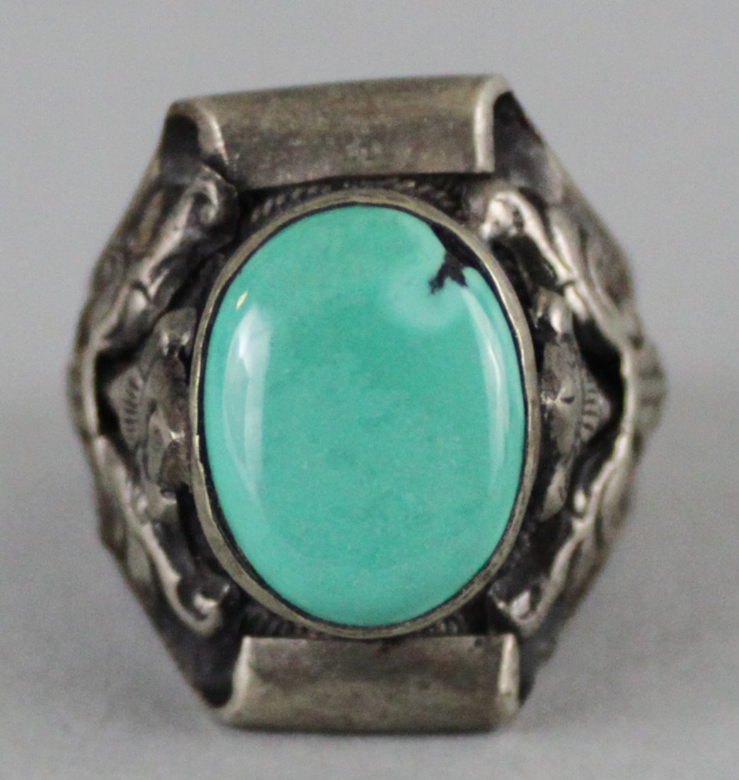 Tibetan Nepal Silver Ring with Green Stone ring: Size 10.5, RG27