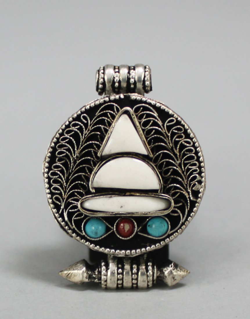 Nepal Filigree Silver Gau Pendant w Turquoise Beads: Dimensions: 2", TA24, K3W6