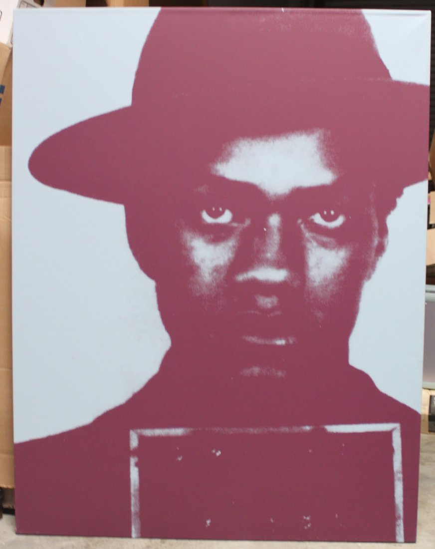 Malcolm X By Russell Young Number 3/5 Dated 2002: Screenprint on canvas dimensions 62" x 48", In 2004 Russell Young emerged on the fine art scene with his first series of screenprints titled “Pig Portraits,” in a sold out show at a Los Angeles Ga
