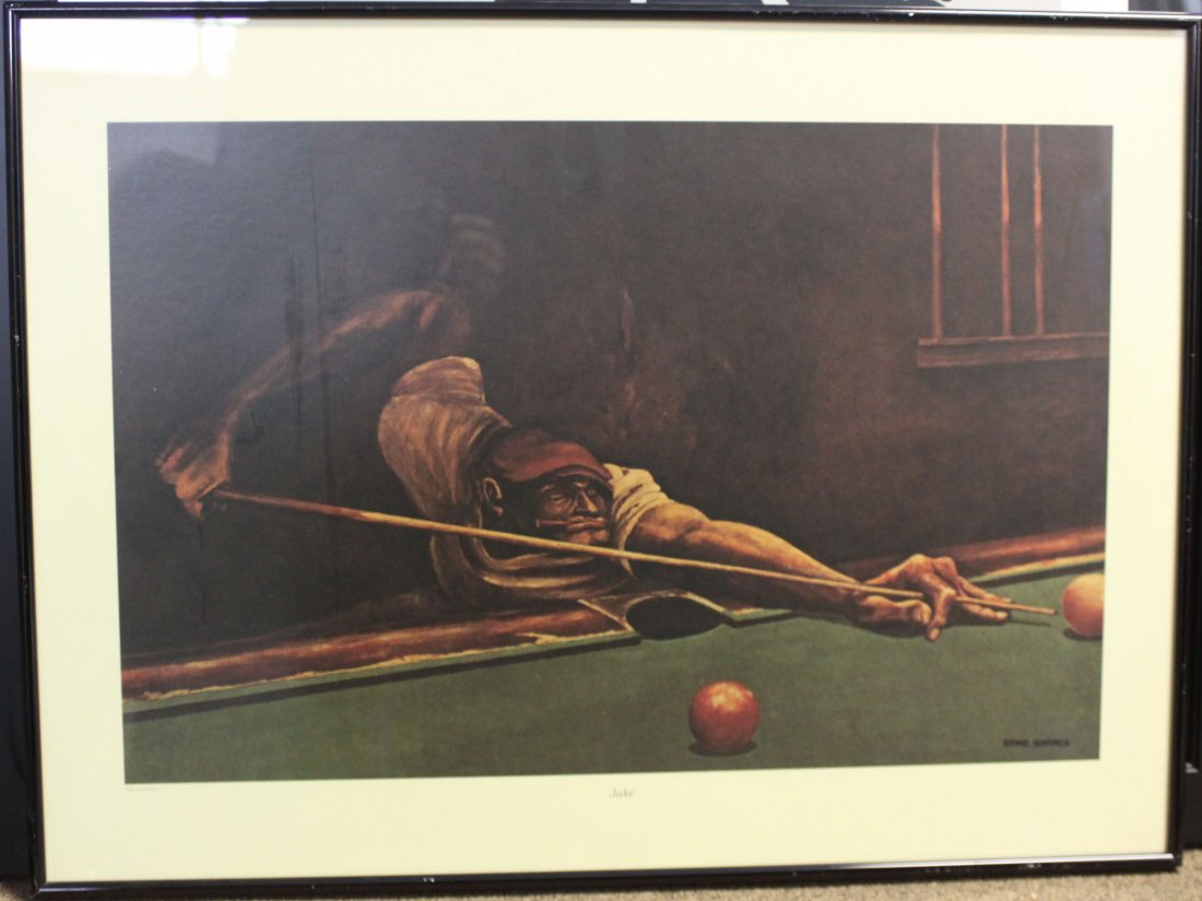 "Jake" Pool Player Signed Lithograph By Ernie Barnes: (July 15, 1938 - April 27, 2009) Considered one of the leading African-American painters and is well-known for his unique style of elongation and movement, Ernie Barnes was also a former professional