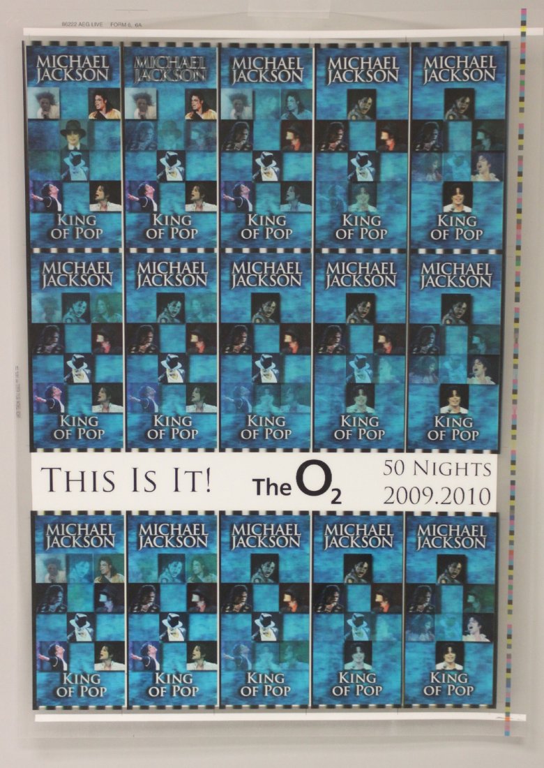 Michael Jackson Lenticular Uncut Tickets "This is it": Blue Color, 2009 - 20" x 28" lenticular ticket sheet for the "This Is It" series of 50 shows Michael was to perform at London's O2 Arena. The tickets were meant to be sold individually, but were left 
