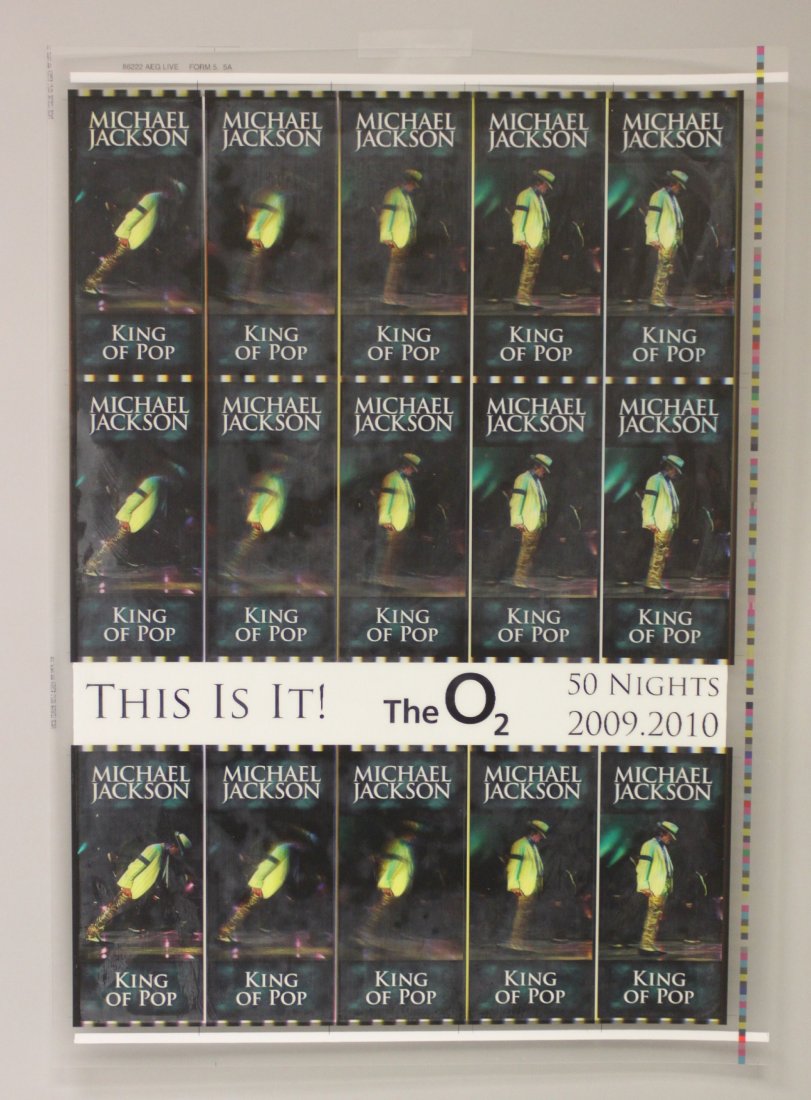 Michael Jackson Lenticular Uncut Tickets "This Is It": Black Color, 2009 - 20" x 28" lenticular ticket sheet for the "This Is It" series of 50 shows Michael was to perform at London's O2 Arena. The tickets were meant to be sold individually, but were left