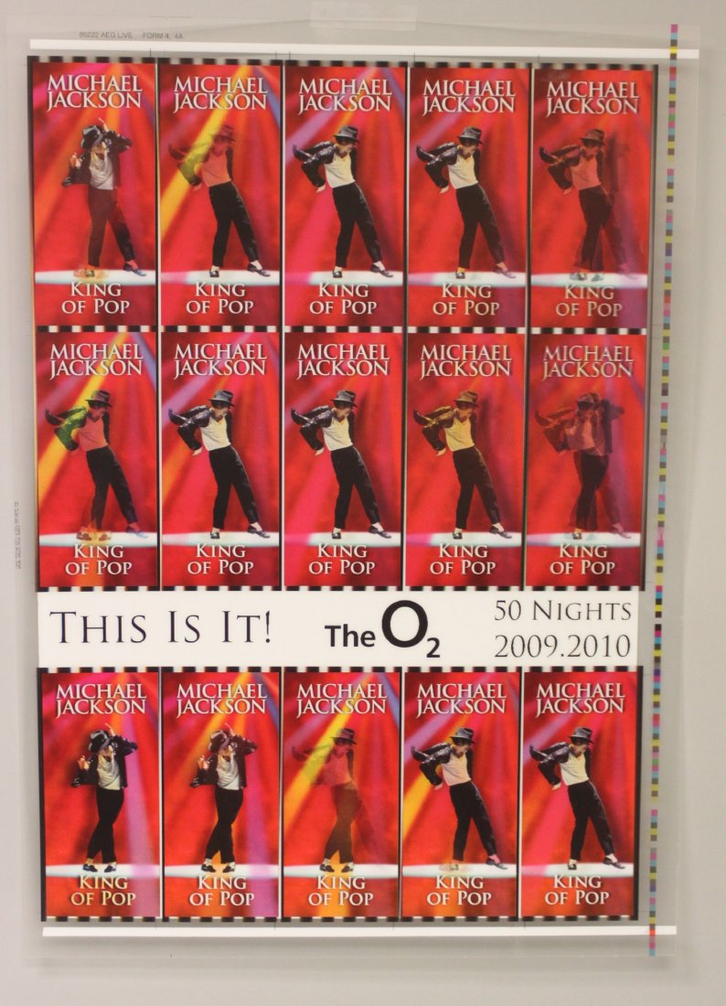 Michael Jackson Lenticular Uncut Tickets "This Is It": Red Color, 2009 - 20" x 28" lenticular ticket sheet for the "This Is It" series of 50 shows Michael was to perform at London's O2 Arena. The tickets were meant to be sold individually, but were left u