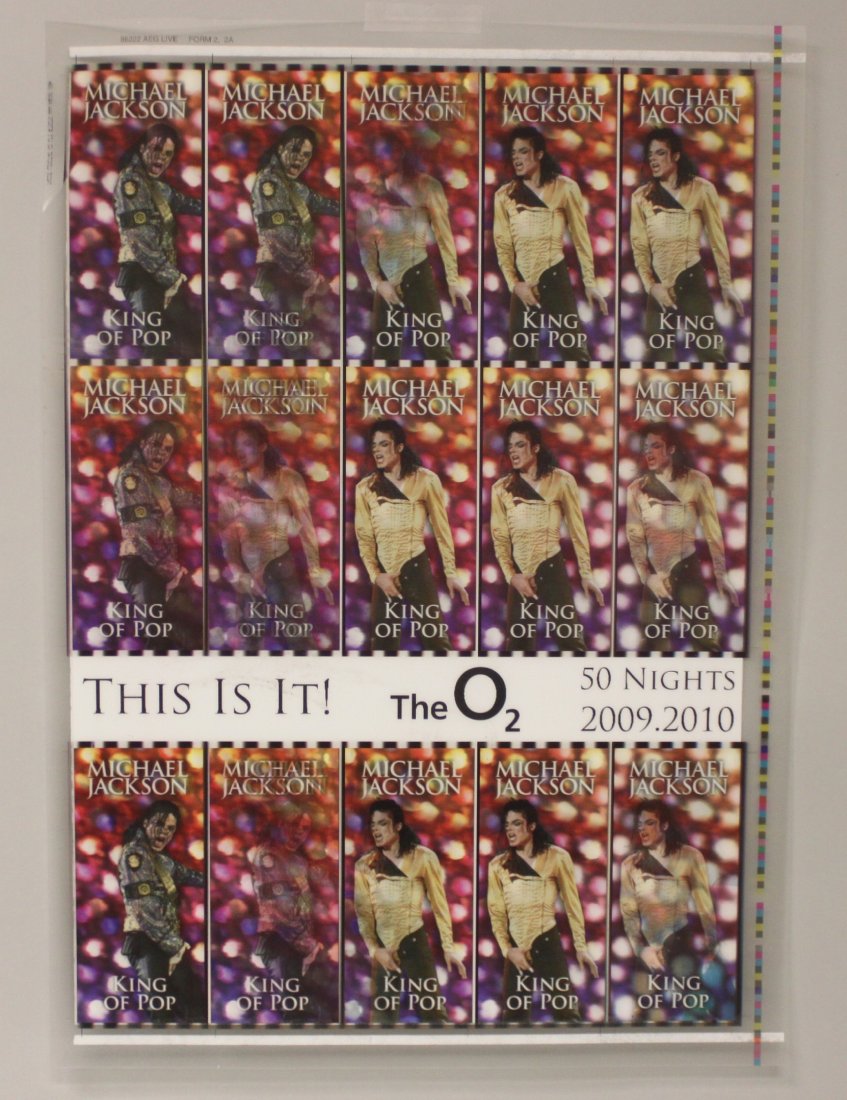 Michael Jackson Lenticular Uncut Tickets for This is it: Multi-color, 2009 - 20" x 28" lenticular ticket sheet for the "This Is It" series of 50 shows Michael was to perform at London's O2 Arena. The tickets were meant to be sold individually, but were left