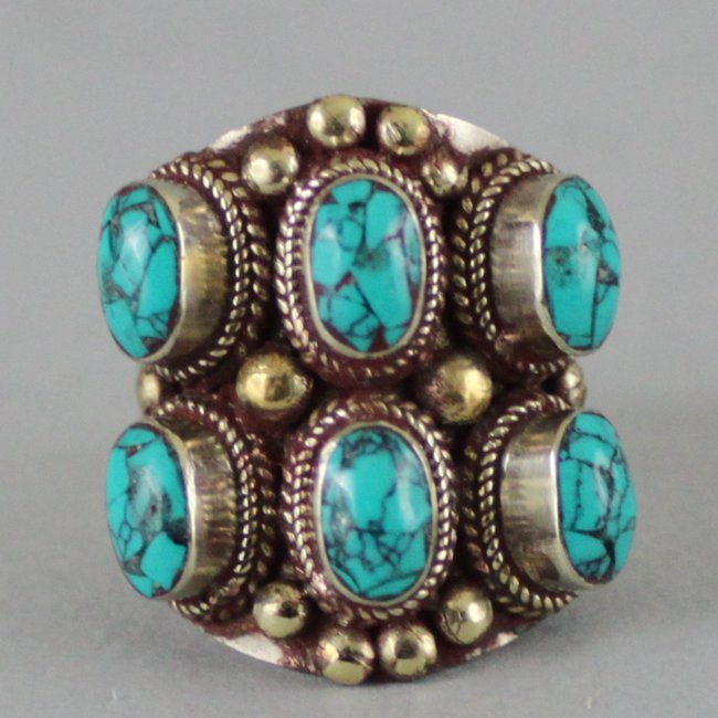 Nepal Tibet Ring Inlaid Turquoise & Coral: Size 9.25, RG2