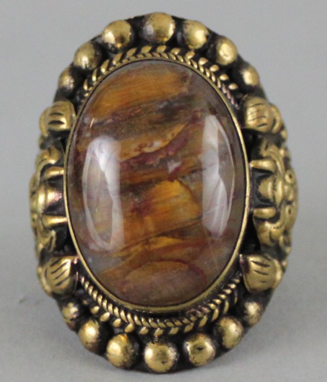 Tibetan Nepal Amber Cabachon Silver Ring: Size 12, RG3