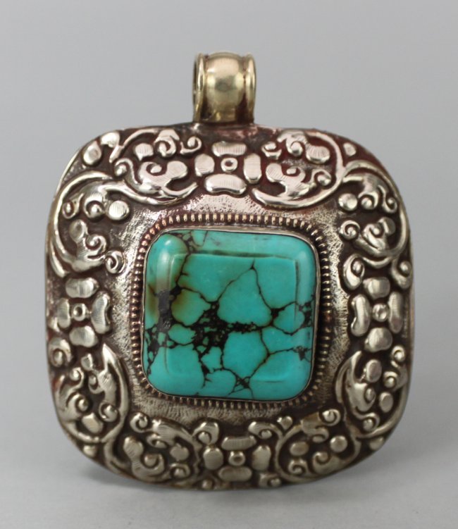 Nepal Etched Silver Pendant with Large Turquoise Center: Dimensions: 3" long, TA20, K7W5