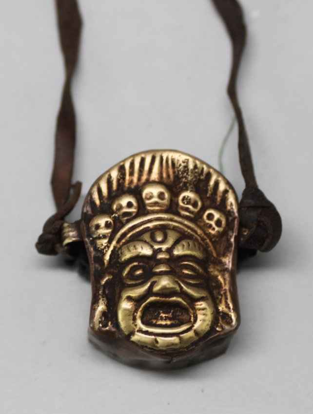 Nepal Copper & Brass Bhairab Gau Pendant Leather String: Dimensions: 12" long bag is 1.5", TA77, K7W5