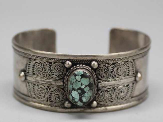 Nepal Silver Filigree Bangle Bracelet w Turquoise: AM021 3" dia