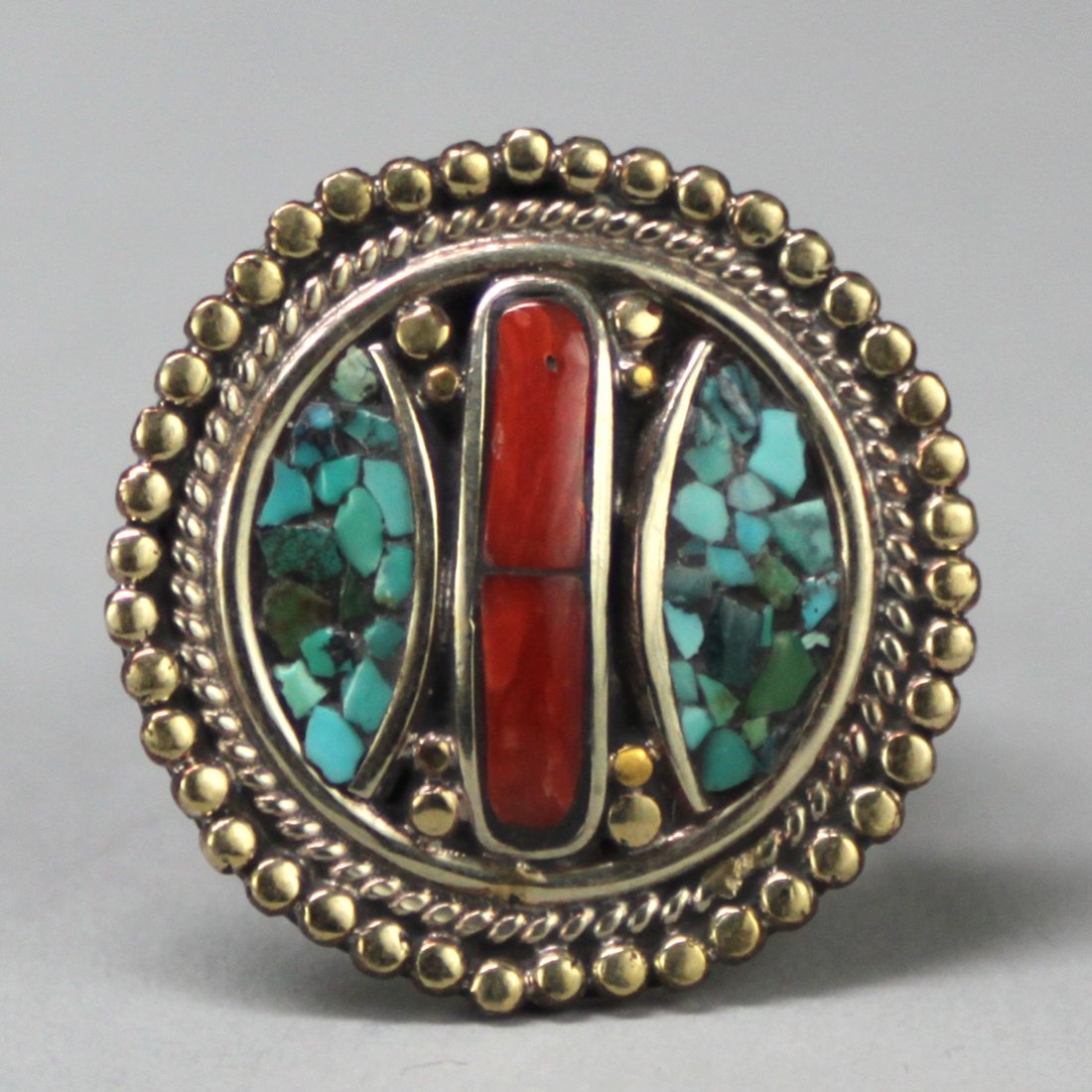 Tibetan Nepal Handcrafted Turquoise & Coral Silver Ring: TA111, size 8.25, K5W9