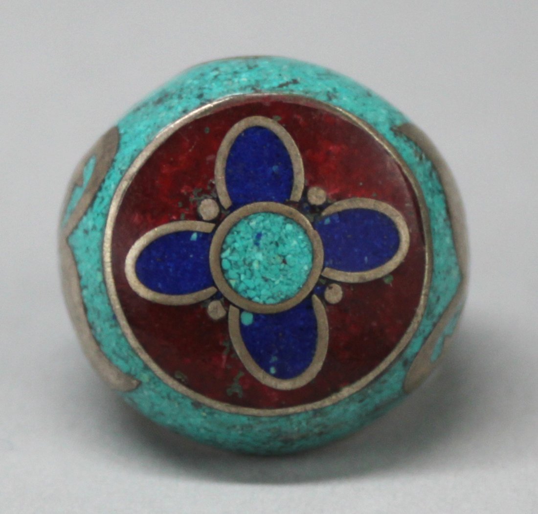 Nepal Tibet Silver Ring Inlaid Turquoise Lapis & Coral: TA120, size 9.75, K5W9