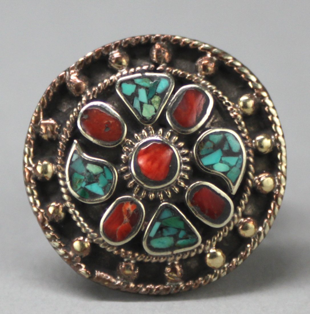 Tibetan Nepal Handcrafted Coral & Turquoise Silver Ring: NA11, size 9.5, K5W9