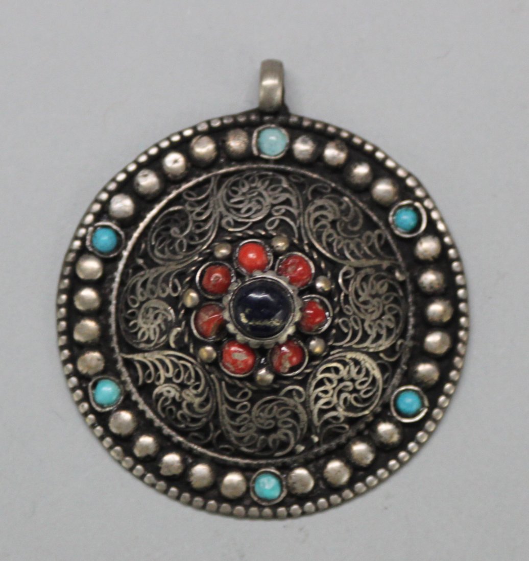 Nepal Turquoise & Coral Silver Pendant: NA109, Dimensions: 1.75", K3W6