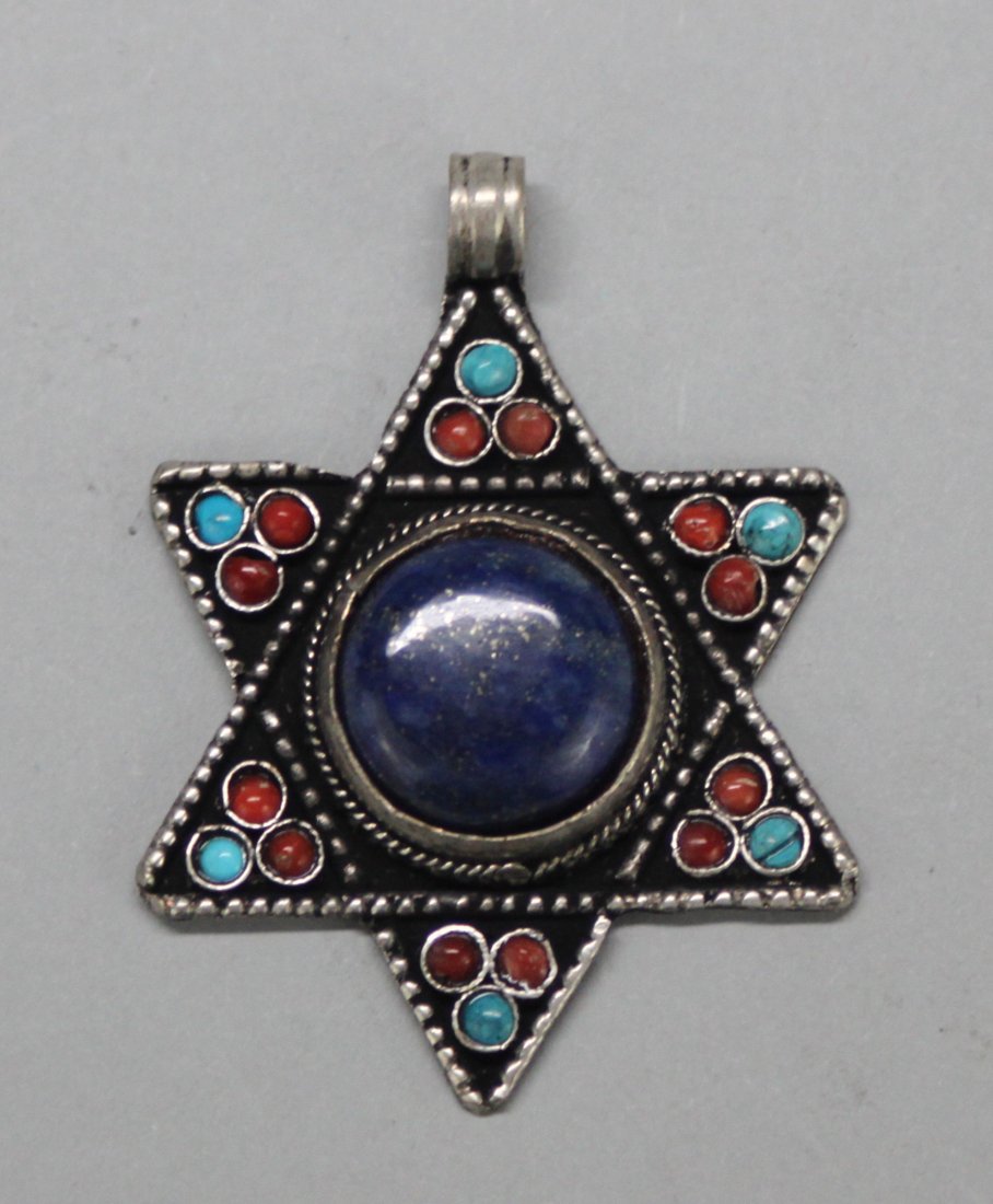 Nepal Coral, Turquoise and Lapis Silver Star Pendant: NA119, Dimensions: 1.5", K3W6