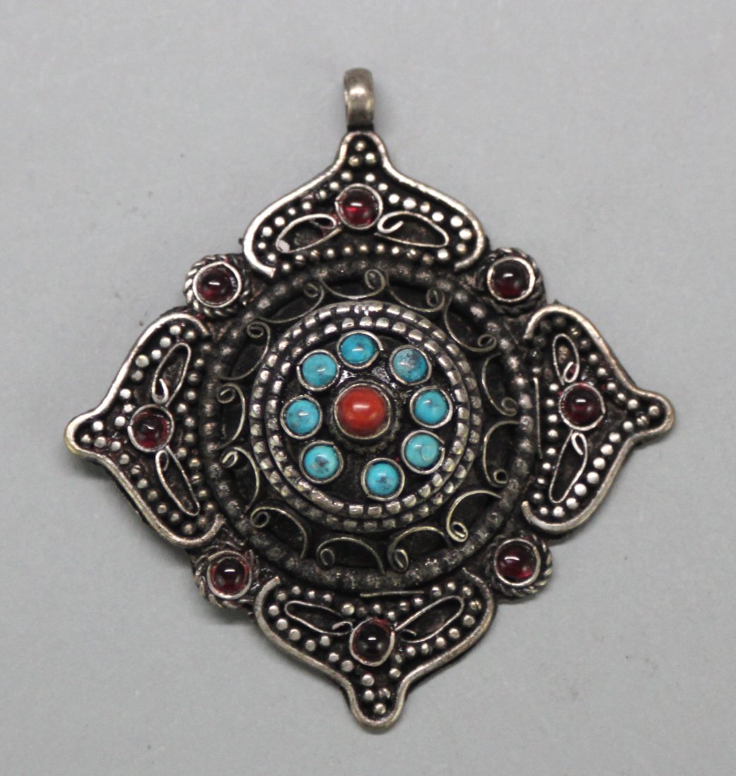 Nepal Tibetan Turquoise and Coral Pendant: NA120, Dimensions: 2", K3W6