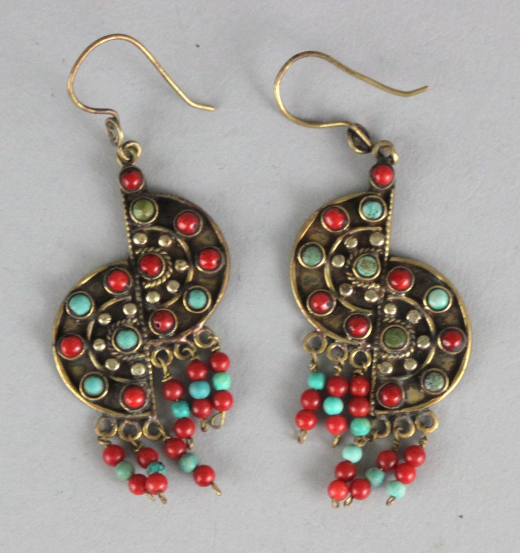 Nepal Tibetan Earrings W Turquoise & Coral Beads: NA100, Dimensions: 2", K4W6