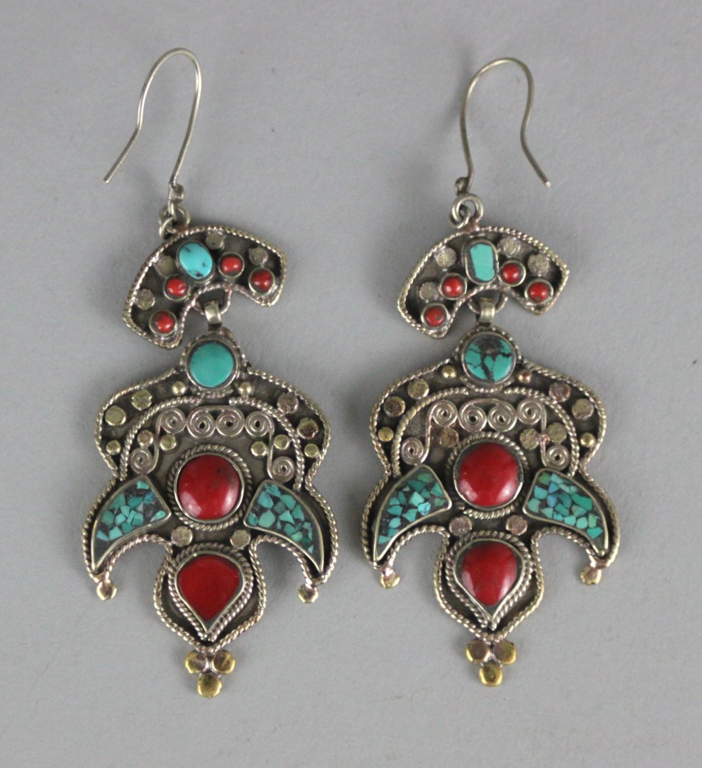 Nepal Tibetan Earrings W Turquoise & Coral Beads: NA98, Dimensions: 2.5", K4W6