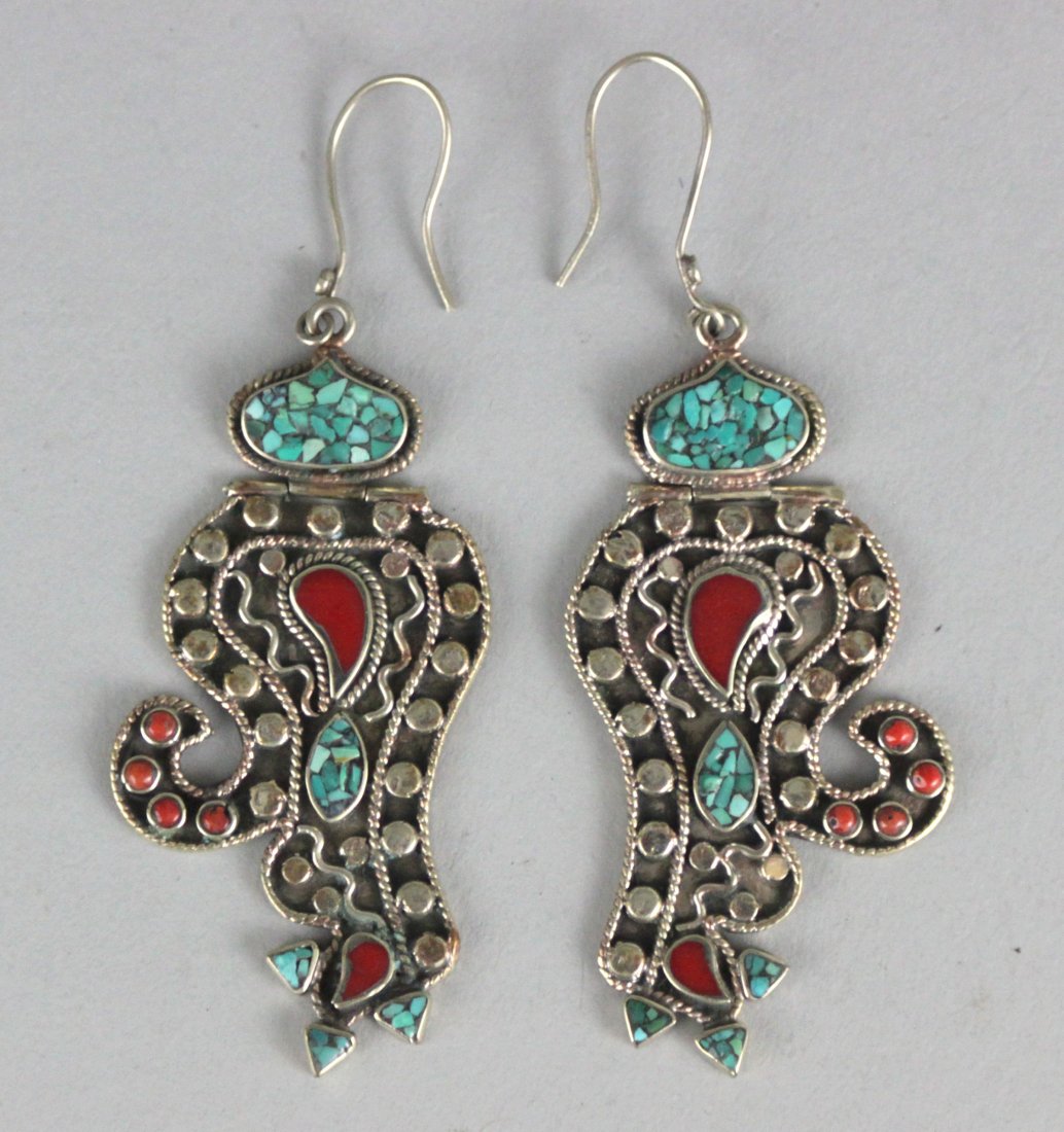 Nepal Tibetan Earrings W Turquoise & Coral Beads: NA99, Dimensions: 2.5", K4W6