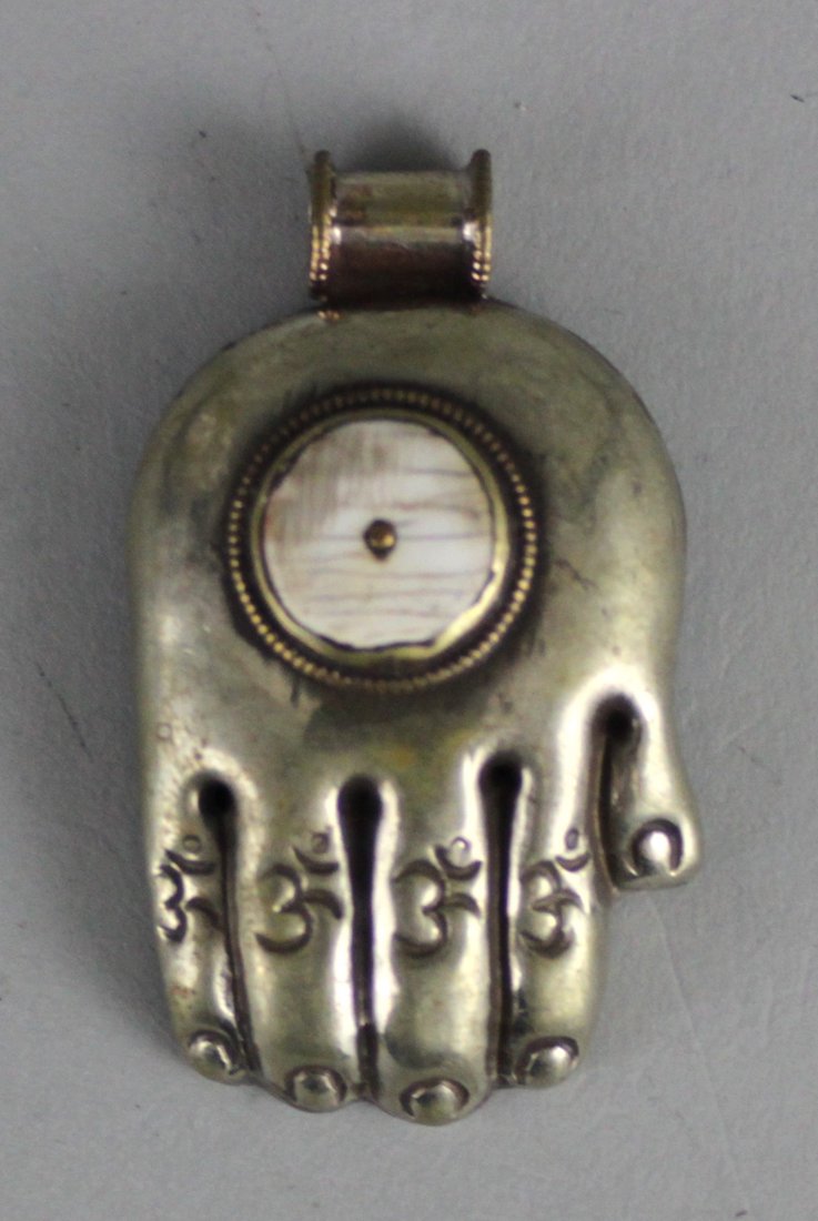 Nepal Nickel Silver Carved Hand Pendant W/ Markings: NA163, Dimensions: 2.5" L