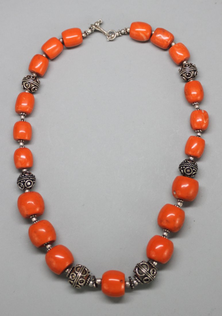 Nepal Mala Necklace Orange & Silver Beads: NA91, Dimensions: 15" long, , biggest bead is .5" K1W06