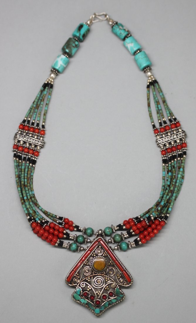 Ornate Nepal Necklace Silver Coral & Turquoise Beads & : NA60, Dimensions: 15" long, K1W79