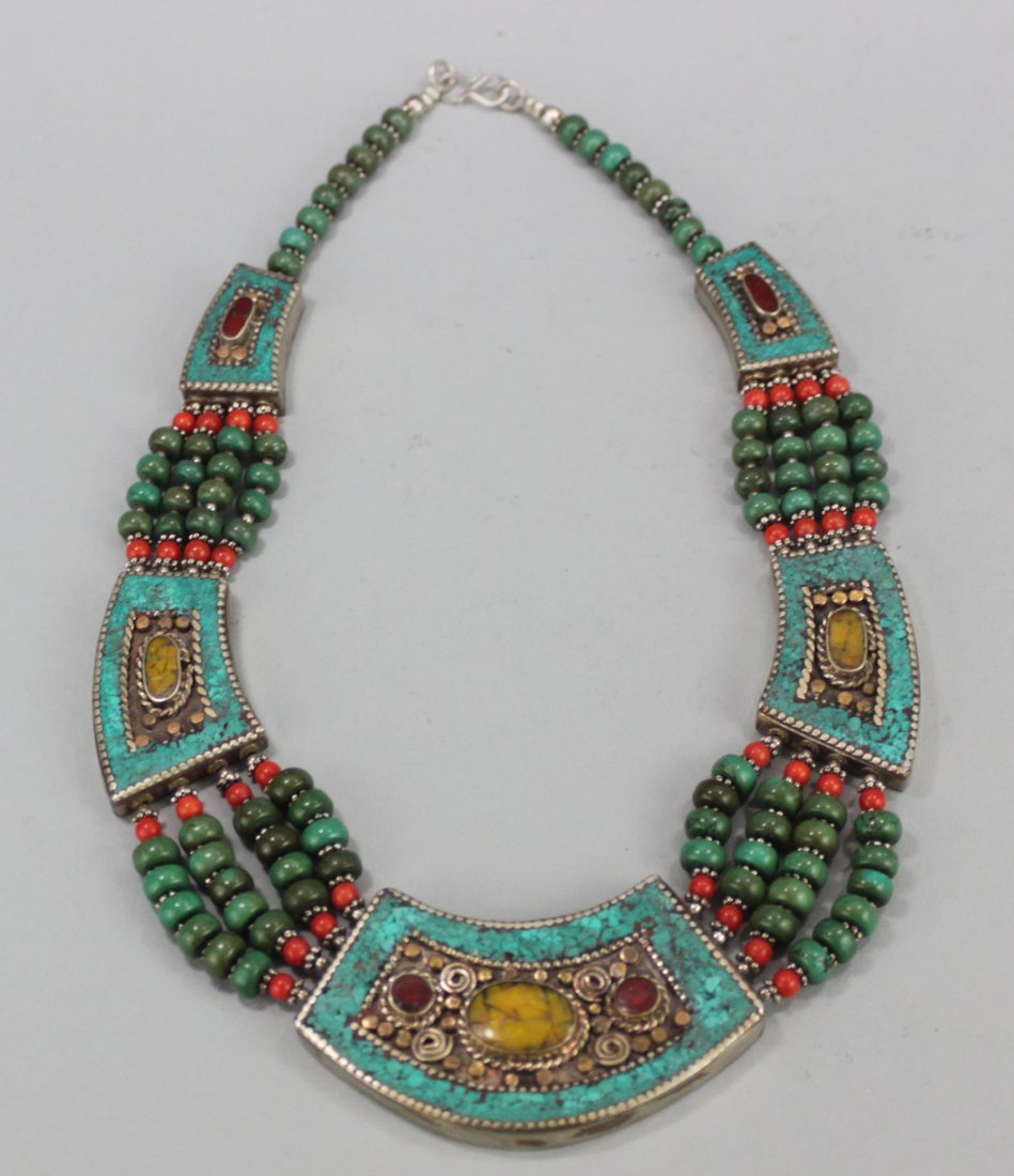 Nepal Ornate Necklace Breastplate W Turquoise Nuggets: NA42, Dimensions: 15", K2W99