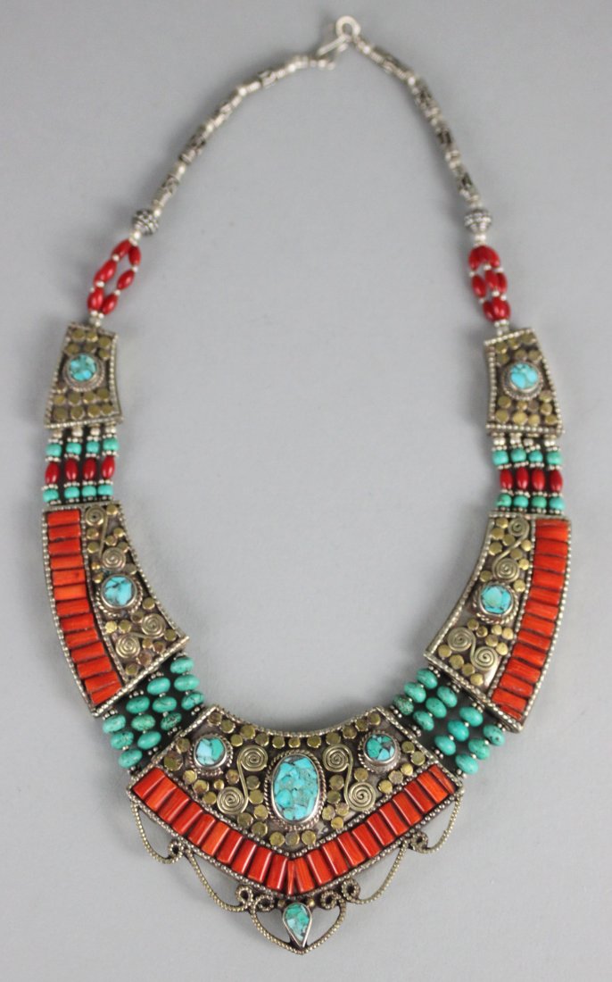 Elaborate Nepal Silver Necklace Turquoise & Filigree: NA50, Dimensions: 15", K2W99