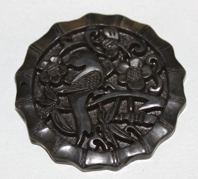Chinese Carved Black Jade Pendant Bird Relief