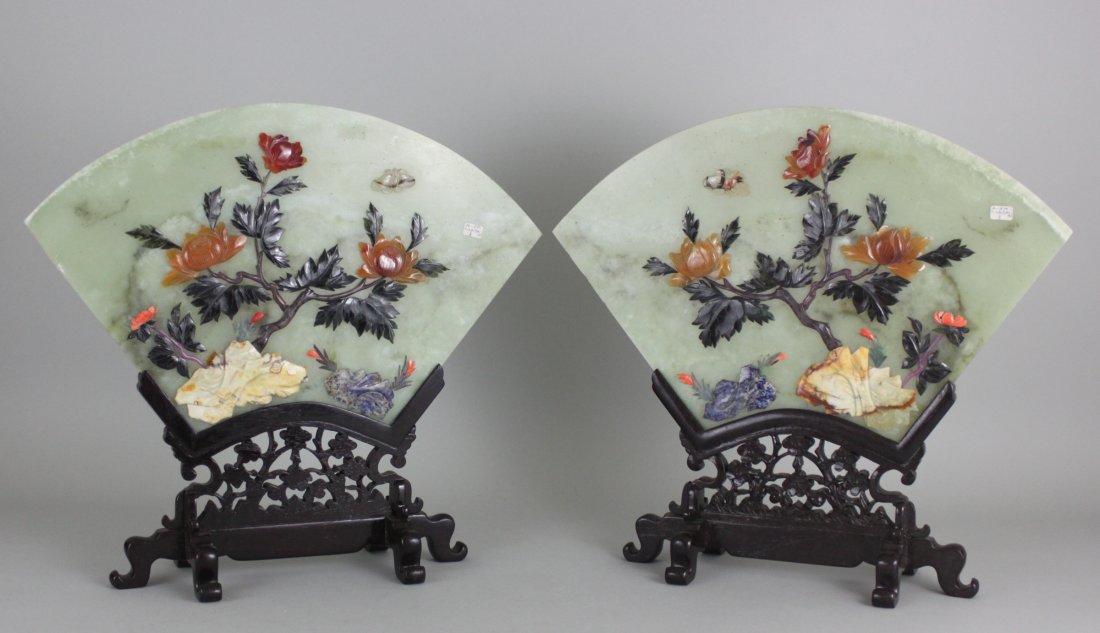 Pair Chinese Jade Fan table screens butterfly + Flowers: Circa 1950. Dimensions: 14.75" H x 16.25" L, DA3, K12W03
