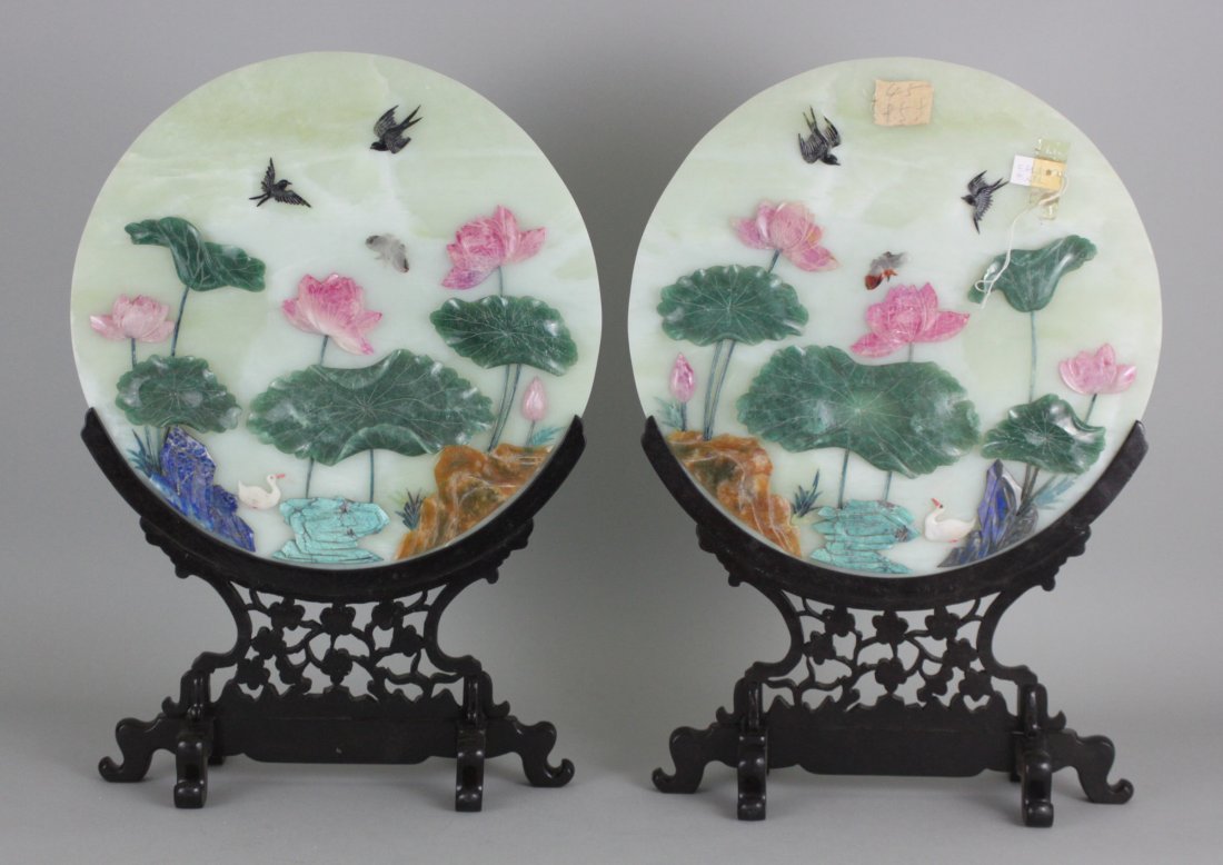 Pair of Chinese Jade Round Lotus Table Screens: Circa 1950's. Dimensions: 17.5" H x 12.5" Dia, DA6, K10W50