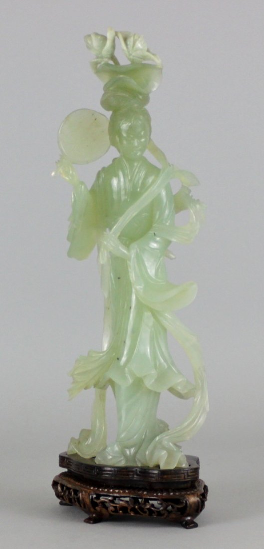 Chinese Carved Serpentine Jade lady figurine with Fan