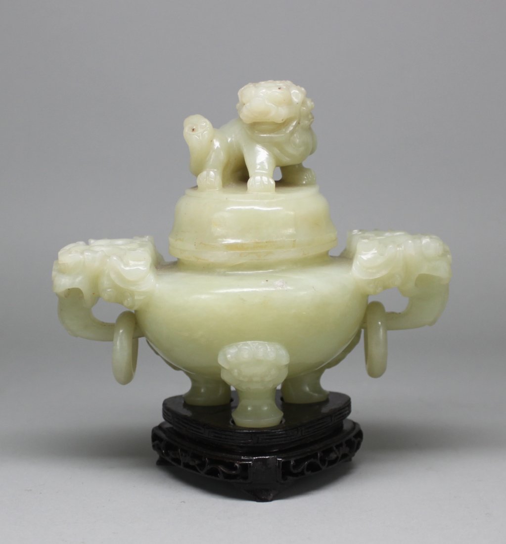 Chinese Serpentine Jade incense burner with Fu Beasts: Dimensions: 6.5" H x 6" L, DA27, K7W55