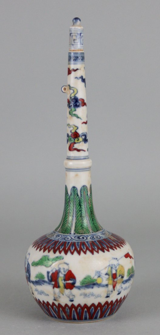 Antique Chinese Long Neck Vase with Bats & Children: Dimension: 9.25" H, FO39, K2W99