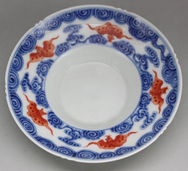 Chinese Blue & White Porcelain Pedestal Bowl: Depicting Bats flying over the sea, LC75 4.5 in diameter
