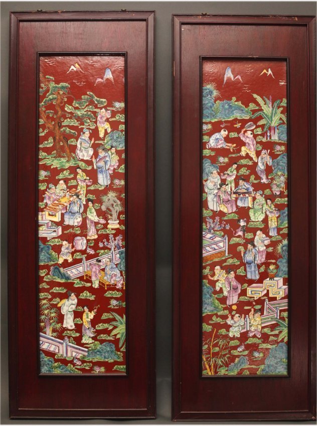 Antique Chinese Enameled Porcelain Screen Garden Scenes: Red Background, Dimensions 39 1/2" H X 10" W (each panel) DB1111A