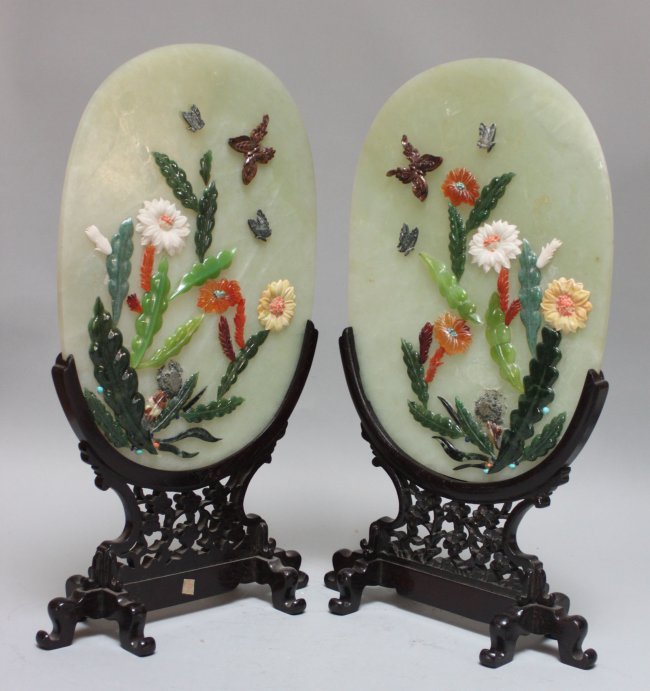 Chinese serpentine Jade screens Butterflies & Flowers: Two in this Lot, Dimensions: 14" H x 10.5" W, DL01