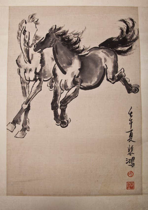 ANTIQUE CHINESE HORSES WATERCOLOR PAINTING: DEPICTING TWO RUNING HORSES, ATTRIBUTED TO XU BEIHONG. DB120 Dimensions: 23.5" by 16.5", K2W26