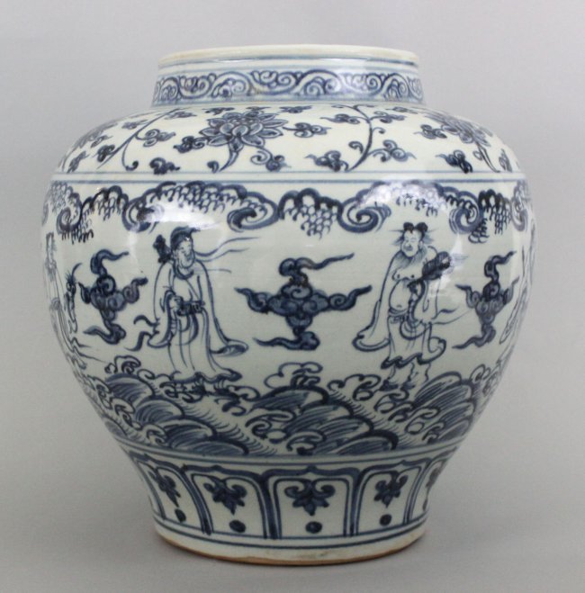 Antique Chinese Blue & White Porcelain Jar: Depicting Elders above the sea with Bats, Dimensions: 13.5" x 13", DB1108