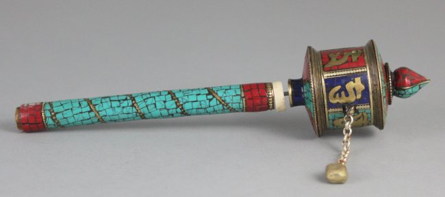 Nepal Ceremonial Hand Held Prayer Wheel: NA18, Dimensions: 8.5" L, K8W9