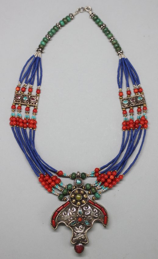 Ornate Nepal Necklace Silver Coral & Turquoise Beads &: NA68, Dimensions: 14" long, K1W79