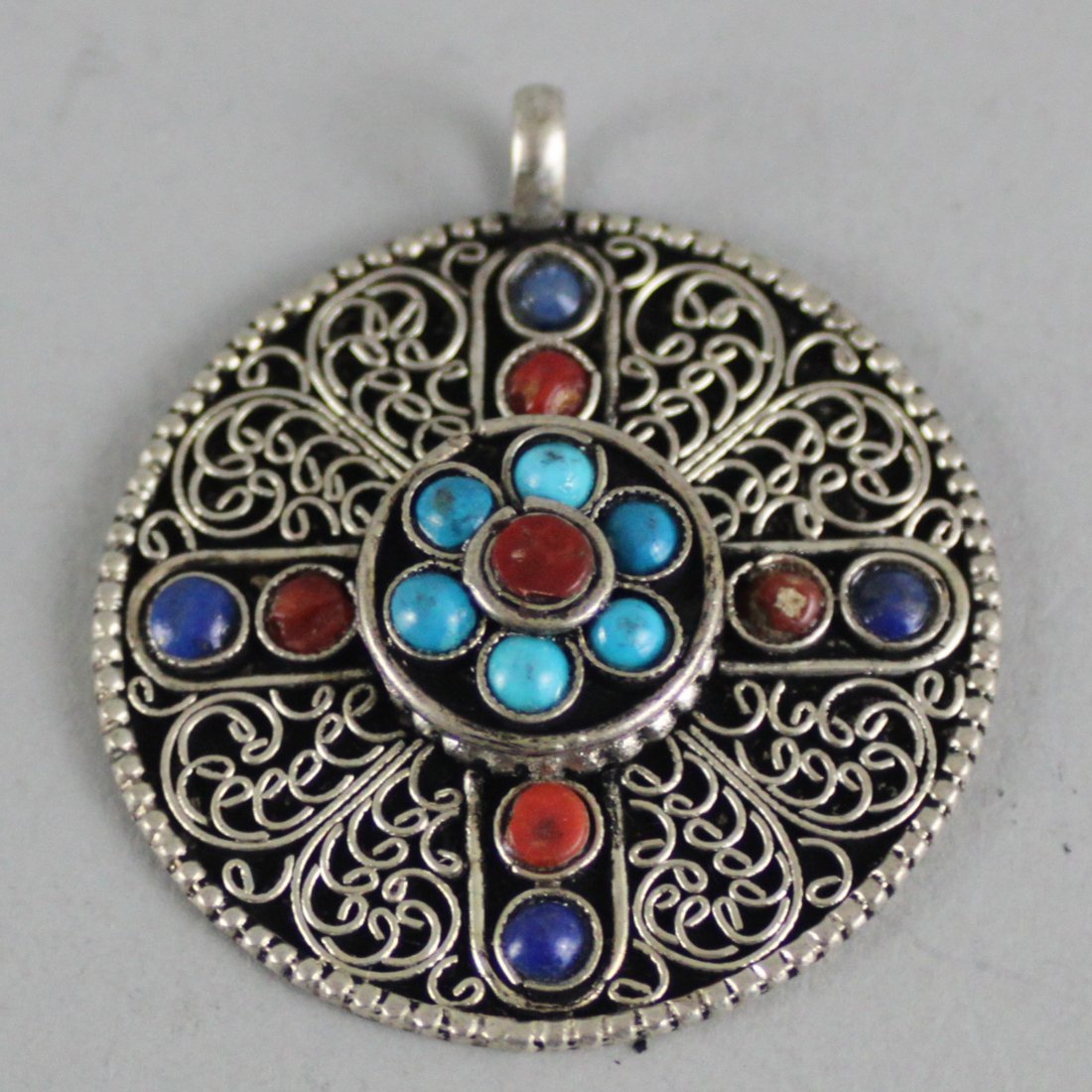 Nepal Coral and Lapis Round Pendant: Dimensions: 1.5" - 2" Dia, JS58