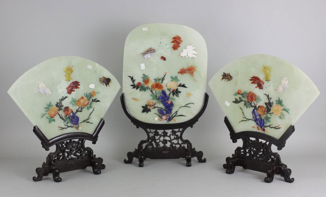 Set of 3 Chinese Gold fish Jade table screens: Circa 1950's. Dimensions: 19" H x 16" W, DA2, K18W04