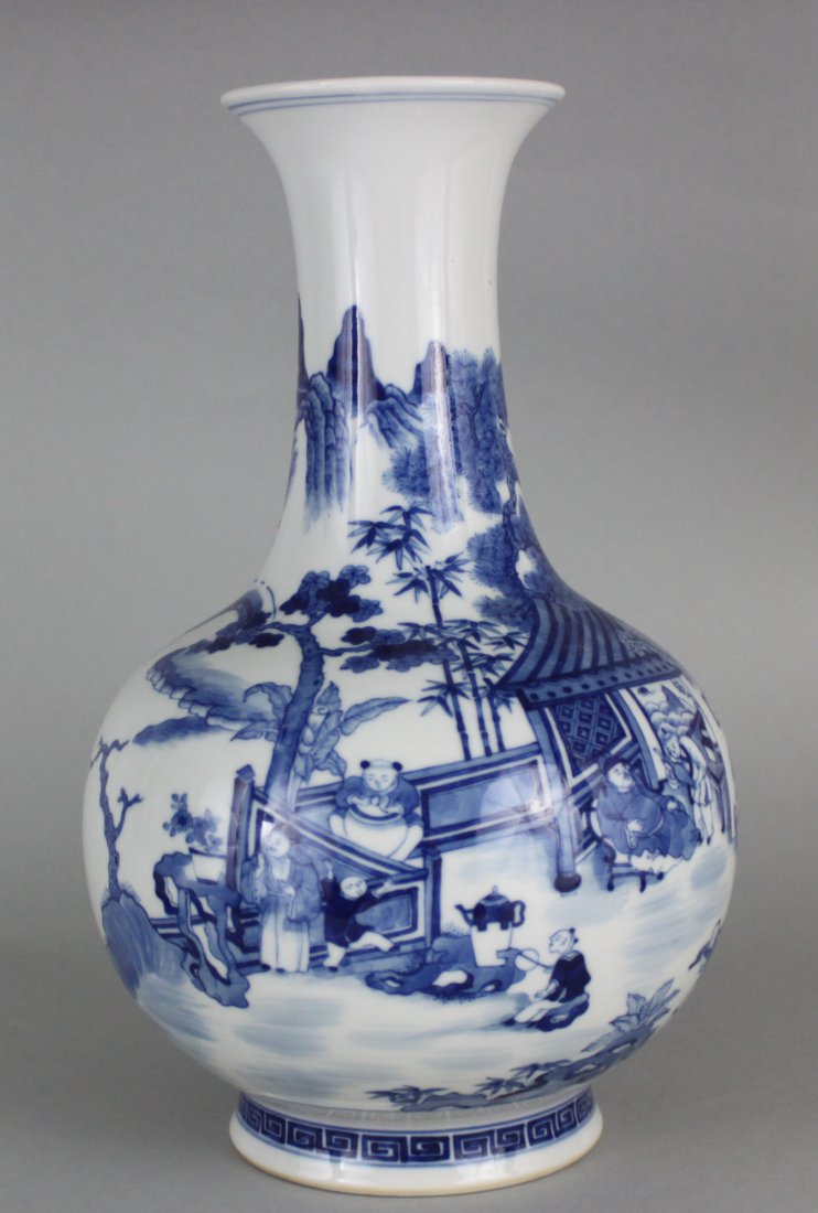 Chinese Porcelain Antique Blue & White Bottle Vase: Depicting Mountains and a garden scene, Dimensions: 11.75" x 8", DB1048