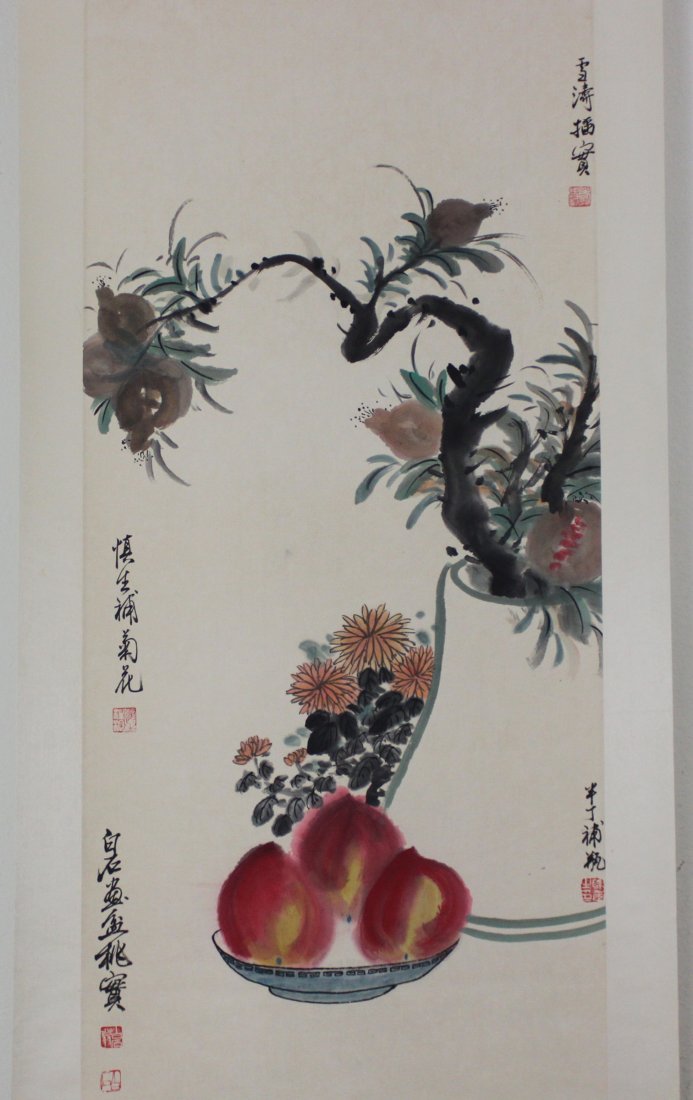 Chinese Pen & Ink Scroll painting Fruit with Flowers: Dimensions: 37.5" x 17", Four painter cooperation WANG xuetao(1903 - 1982), Beijing Painting Academy, Chen Banding (1876 - 1970) Beijing painting, vice president, Qi Baishi (1864 ? 1957), modern Chine