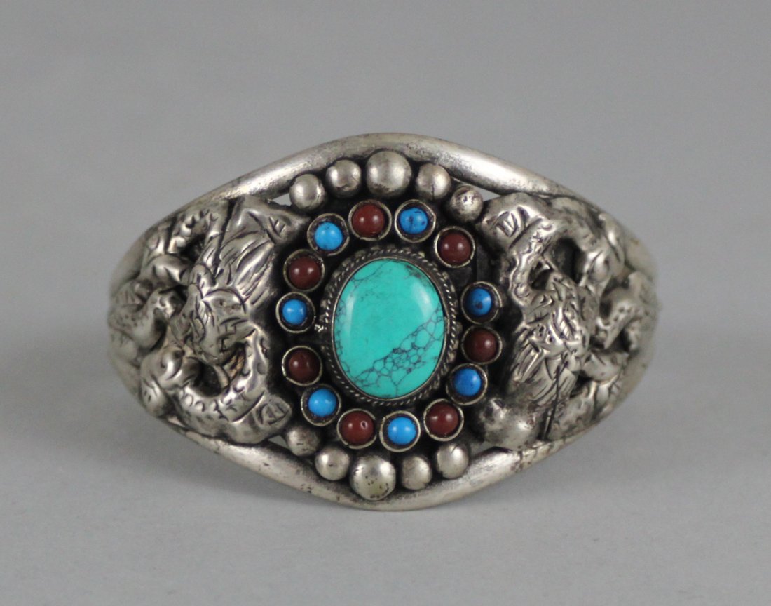 Nepal Silver and Turquoise Carved Bracelet: Dimensions: 2" - 3" Dia, JS30
