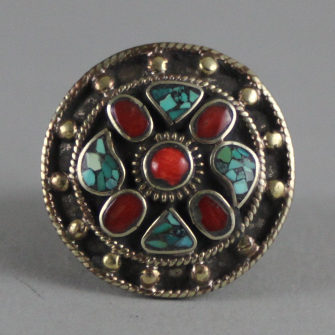 Nepal Tibet Silver Ring Inlaid Turquoise & Coral: Ring Size 10.75, JS9