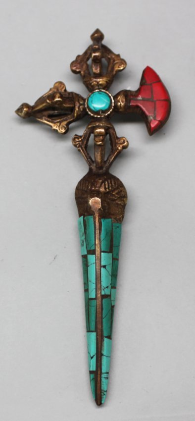Nepal Phurba Karti Dagger Inlaid Turquoise & Coral: Dimensions: 6" long, TA79, K1W21